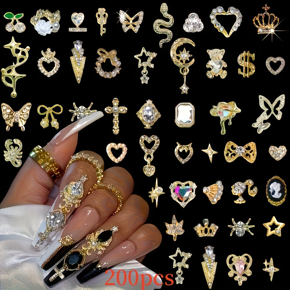 200pcs Elegant Nail Art Jewels, 3D Alloy Nail Jewelry Set, with Rhinestones and Faux Gemstones, Unscented DIY Manicure Accessories
